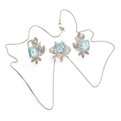 Aquamarine, Diamond, 14k White Gold Jewelry Suite