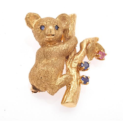 Sapphire, Ruby, 14k Yellow Gold Bear Cub Pin