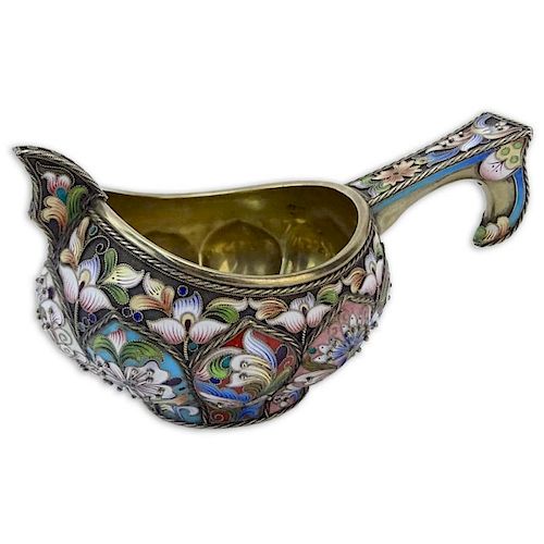 20th Century Russian 88 Silver and Cloisonne Enamel Kovsh