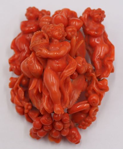 JEWELRY. Victorian Carved Coral Brooch of Putti
