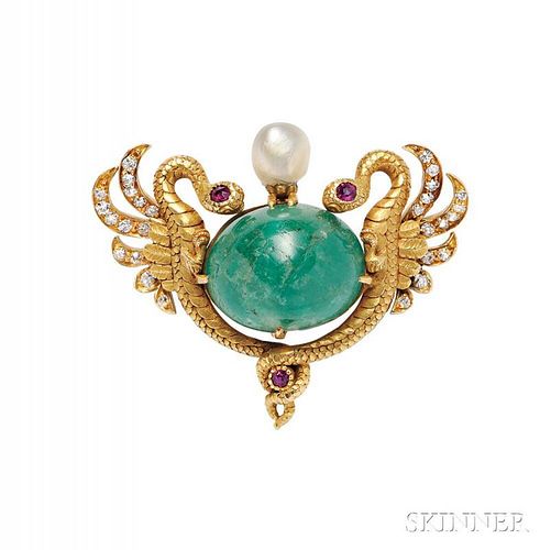 Art Nouveau 18kt Gold, Emerald, and Diamond Pendant/Brooch