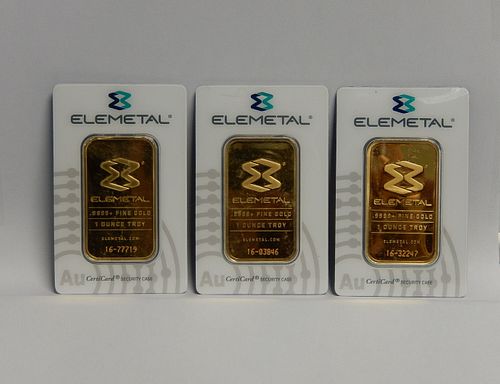 (3) Elemetal  1 Troy Ounce Gold Bars.