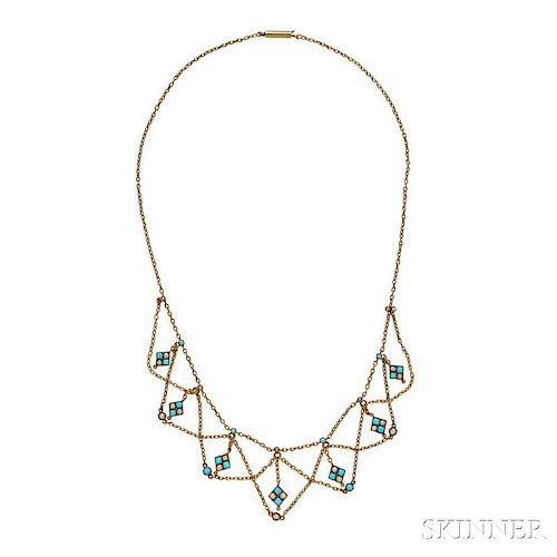 Antique Gold, Turquoise, and Pearl Festoon Necklace