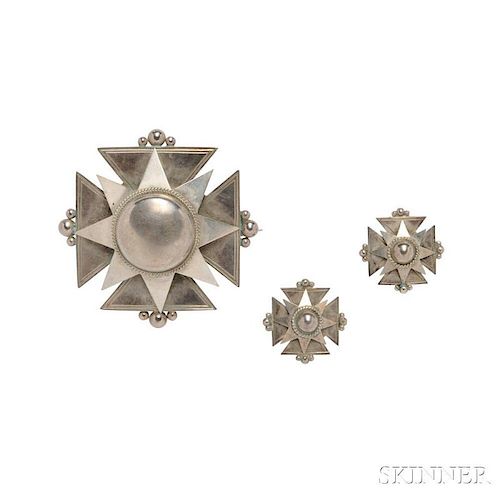 Victorian Silver Brooch and Earrings