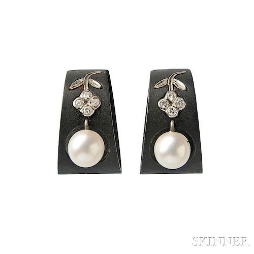 Patinated Steel, Cultured Pearl, and Diamond Earclips, G. T. Marsh & Co.