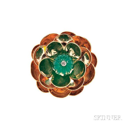 Retro 14kt Gold and Dyed Green Chalcedony Flower Brooch, Cartier