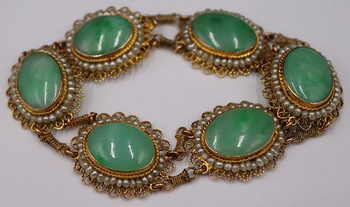 JEWELRY. 14kt Gold, Jade and Seed Pearl Bracelet.