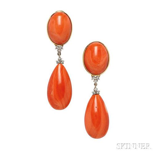 18kt Gold, Coral, and Diamond Earclips