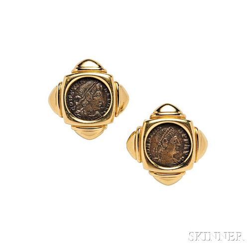 18kt Gold and Ancient Bronze Coin "Monete" Earclips, Bulgari