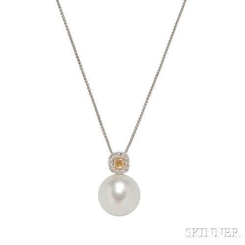 18kt White Gold, South Sea Pearl, and Diamond Pendant