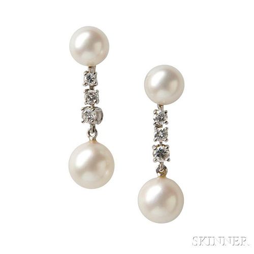 14kt White Gold, Cultured Pearl, and Diamond Earpendants