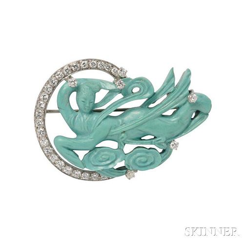 Platinum, Carved Turquoise, and Diamond Brooch