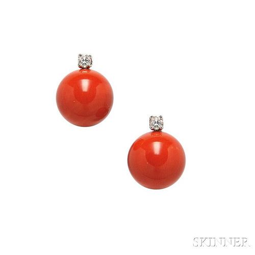 18kt White Gold, Coral, and Diamond Earrings