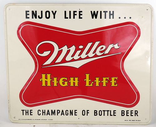 1954 Miller High Life Beer White Metal Indoor Wall Sign Milwaukee, Wisconsin