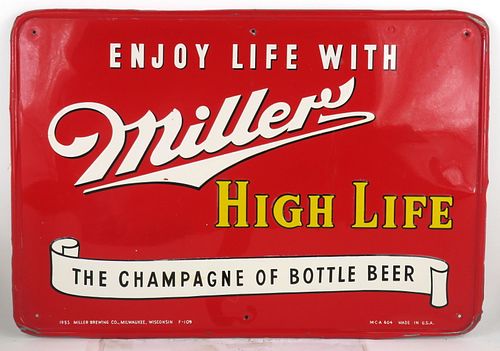 1953 Miller High Life Beer Red Metal Indoor Wall Sign Milwaukee, Wisconsin