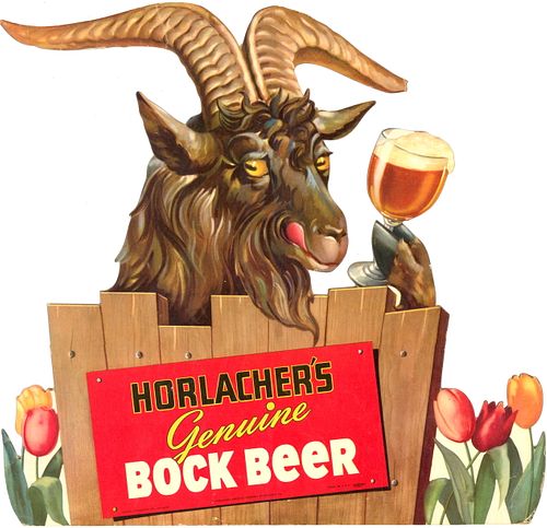 1955 Horlacher Genuine Bock Beer Die Cut Cardboard Sign Allentown, Pennsylvania