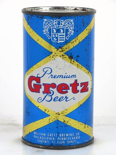 1958 Gretz Premium Beer 12oz 76-04 Flat Top Can Philadelphia, Pennsylvania