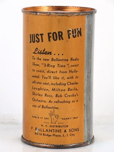1939 Ballantine's Export Light Beer "Just For Fun" 12oz Unpictured Flat Top Can Newark, New Jersey