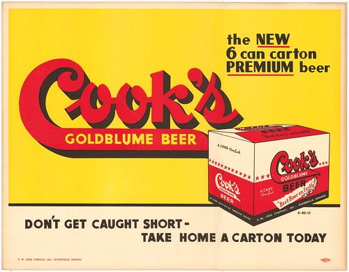 1953 Cook's Goldblume Beer "Caught Short" Cardboard Sign Evansville, Indiana