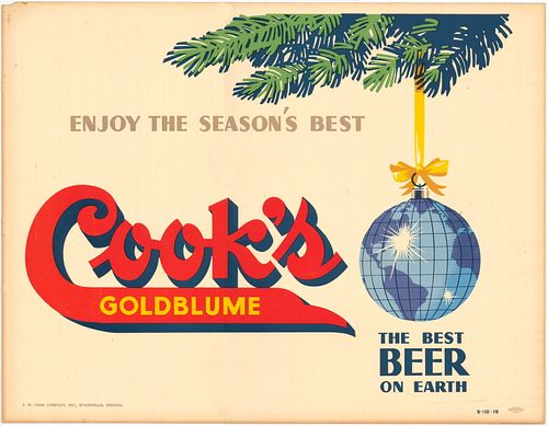 1953 Cook's Goldblume Beer "Christmas" Cardboard Sign Evansville, Indiana