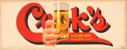 1953 Cook's Goldblume Beer "Best Beer" Cardboard Trolley Sign Evansville, Indiana