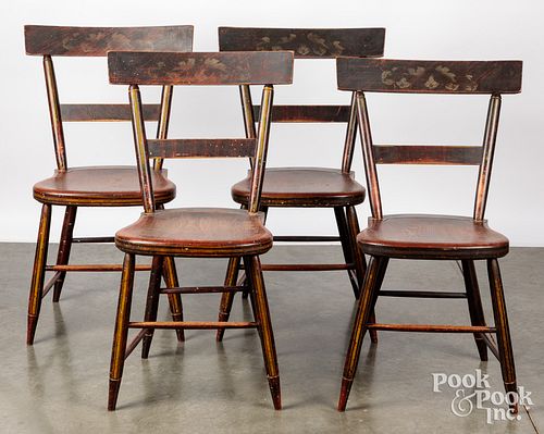 Four painted plank seat chairs, 19th c., attribute