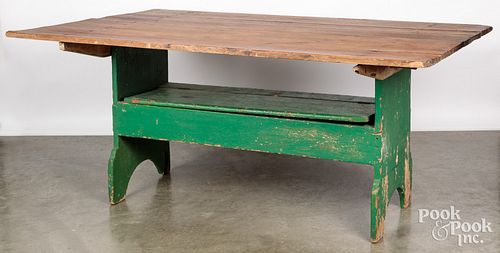 Painted pine bench table, 19th c., 29 1/2" h., 68"