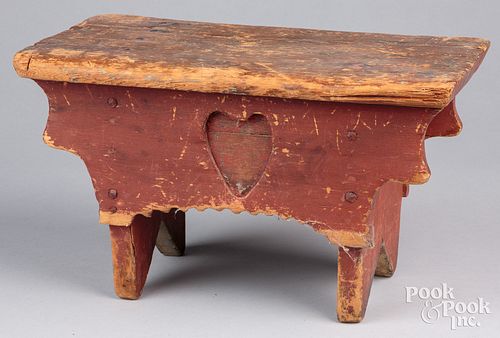 Primitive painted pine stool, 19th c., with heart