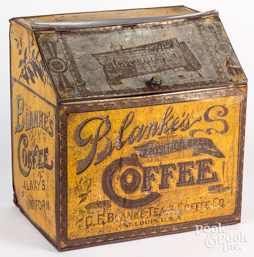 Blanke's tin coffee bin, ca. 1900, 19 1/2" h., 19"