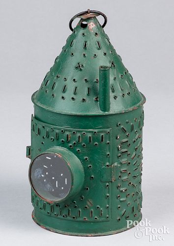 Punch tin candle lantern, 19th c., retaining a lat