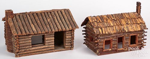 Two log cabin house models, 19th/20th c., 10" h.,