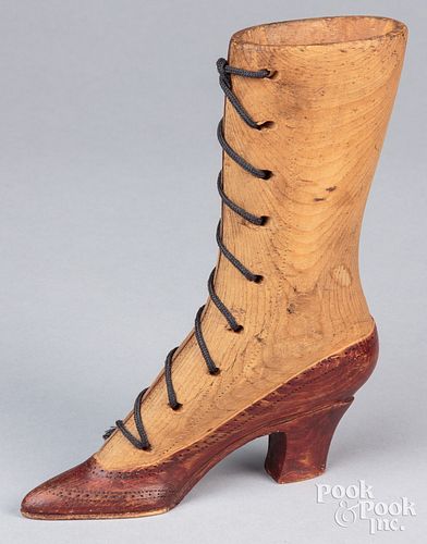 Carved and stained ladies high top shoe, early 20t