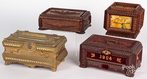 Four tramp art dresser boxes, ca. 1900, one initia