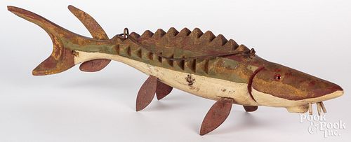 Carved and painted sturgeon fish decoy, 20th c., w