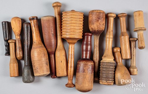Fifteen wooden pestles and mashers, 19th c., large