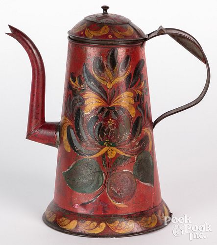 Red toleware coffee pot, 19th c., 10 1/2" h.