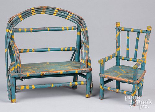 Doll's miniature painted Adirondack settee and cha