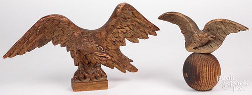 Two carved spread wing eagle finials, ca. 1900, 9