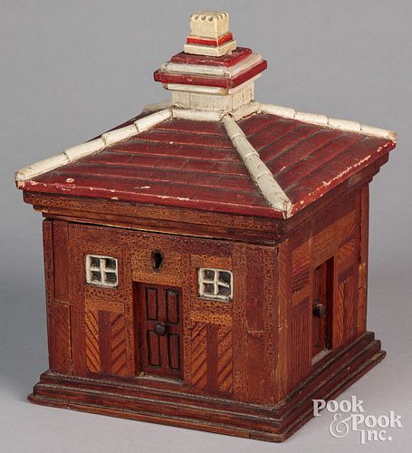 Painted and parquetry house form still bank, ca. 1