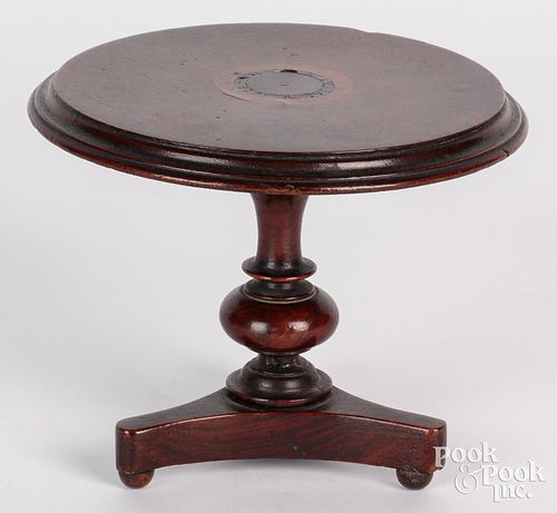 Miniature rosewood and burlwood tilt top tea table