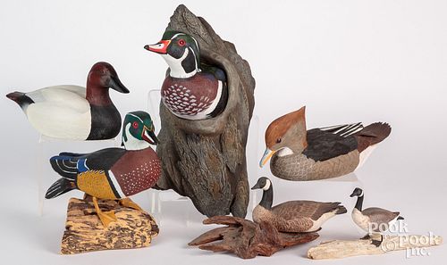Five contemporary carved duck decoys