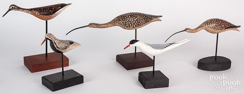 Five contemporary carved and painted shorebird dec
