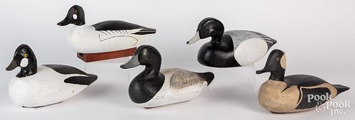 Five carved and painted duck decoys, early to mid