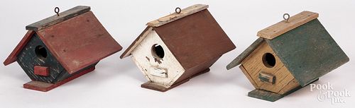 Three small painted bird houses, mid 20th c., 4 1/