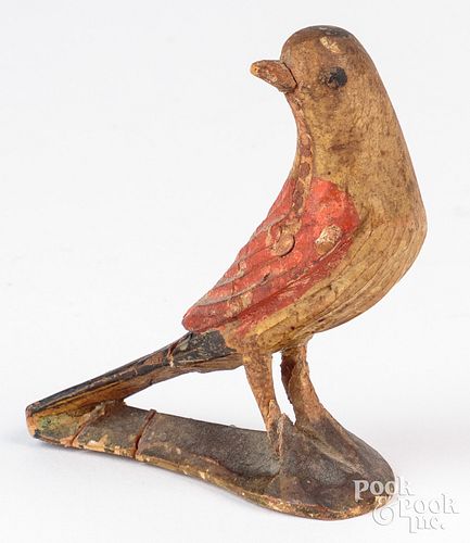 Carved and painted miniature song bird, 19th c., i