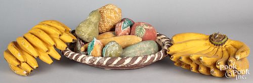 Pottery bowl of fruit, together with two compositi