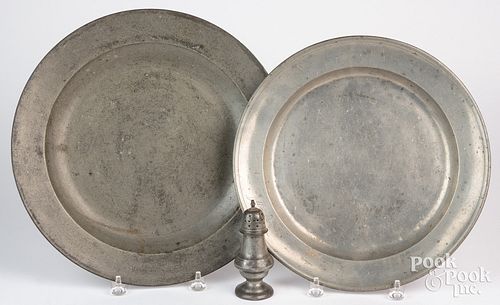Three pieces of pewter, to include a charger with