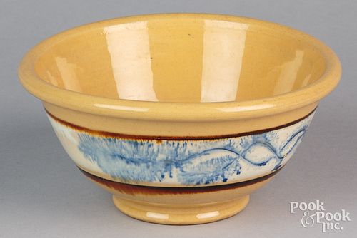 Yellowware mocha bowl, 19th c., with seaweed decor