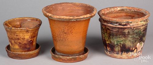 Three Pennsylvania redware flower pots, 19th c., t