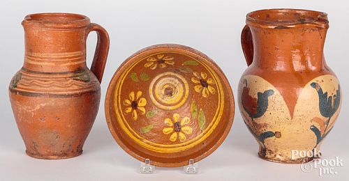 Three European pieces of redware, 19th c., probabl